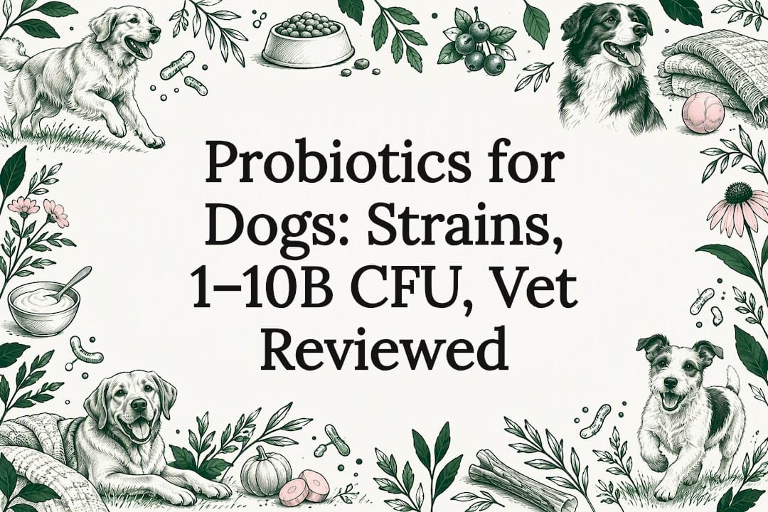 Healthy adult dog framed by probiotic-themed sketches