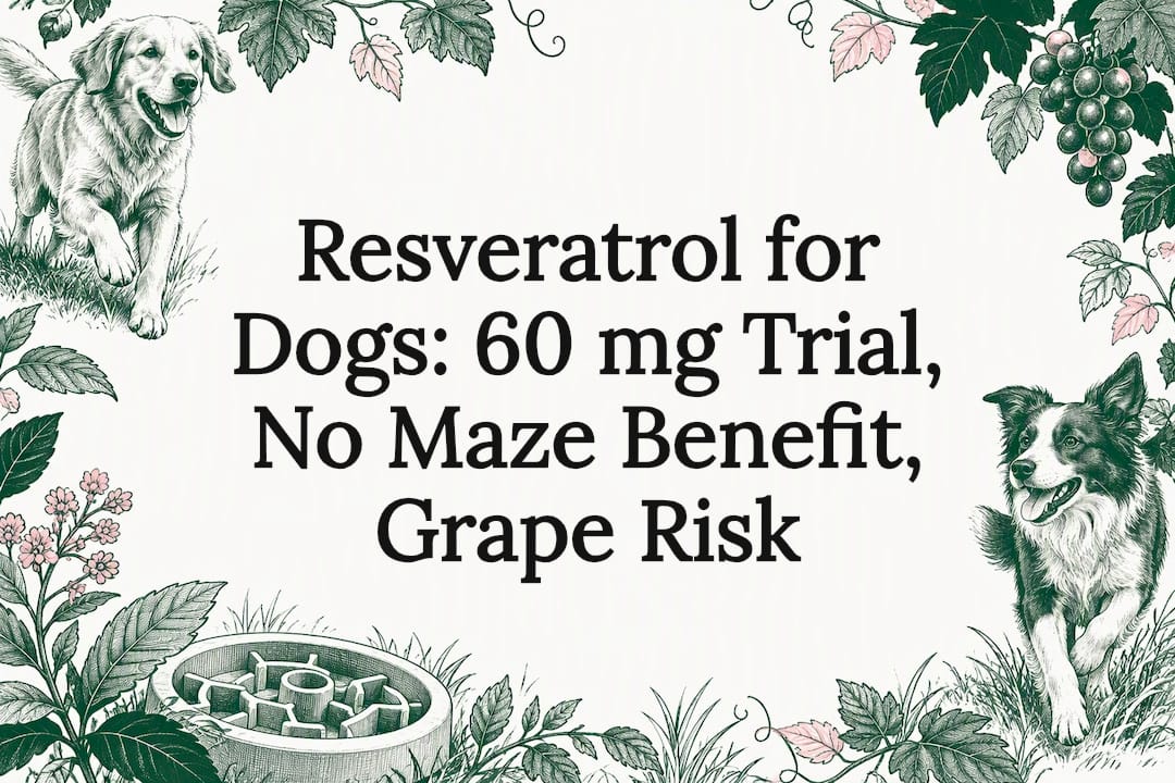 Hand-drawn dog framed by maze and botanical sketches