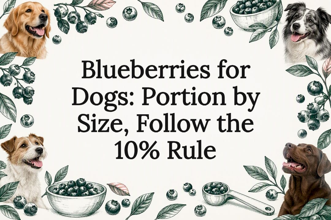 Healthy dog framed by blueberry sketches